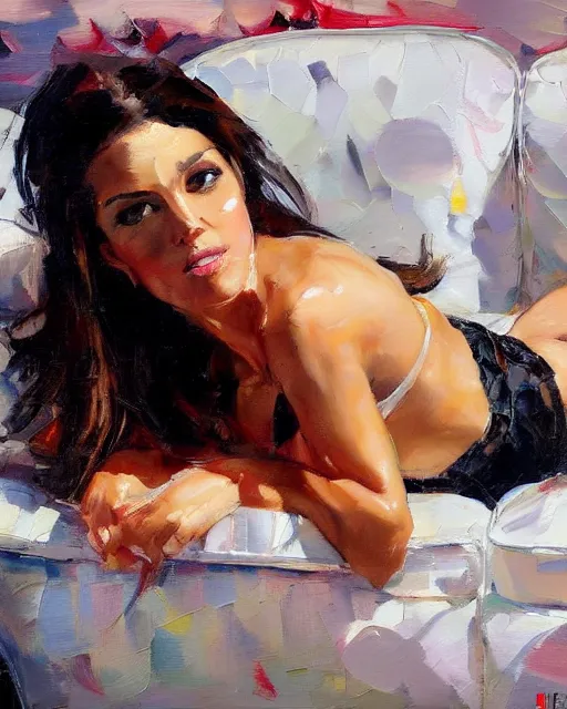 Image similar to a painting of a woman sitting on a couch, a fine art painting by michael garmash, deviantart, figurative art, detailed painting, oil on canvas, fine art