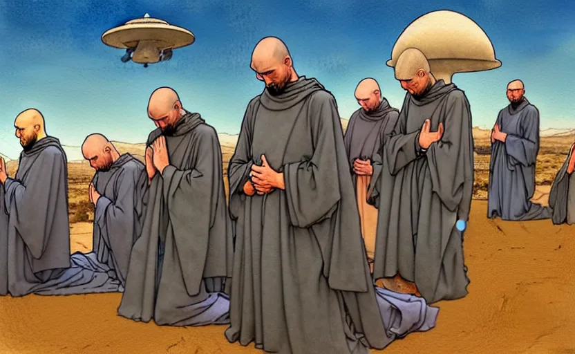 Image similar to a hyperrealist watercolour concept art of a group of medieval monks in grey robes kneeling in prayer on a desert road. a large steampunk ufo is above them in the sky. by rebecca guay, michael kaluta, charles vess and jean moebius giraud. high detail, hq, wide shot