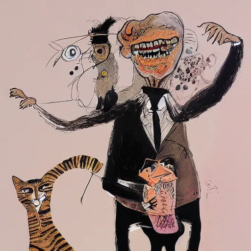 Image similar to a detailed painting of a man with a cat on his back by gerald scarfe and ralph steadman