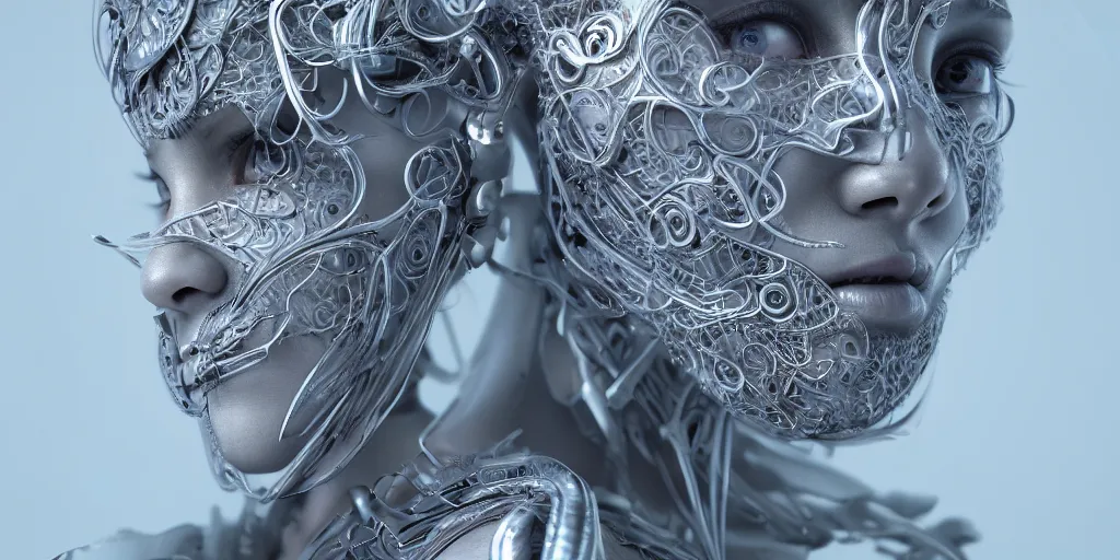 Image similar to hyper realistic photography of a beautiful cyborg female, intimately holding close, chrome finish intricate filigree, in the style of beth cavener, jin kagetsu, wlop, highly detailed, symmetry, masterpiece, concept art, ringflash, highkey lighting, ambient lighting, octane render, 8 k, artstation