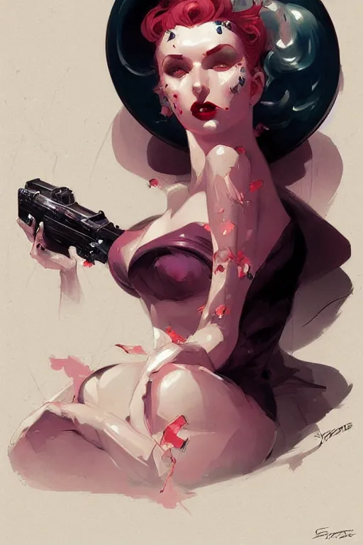 Prompt: noir femme fatale by sabbas apterus and james jean, saturated colors, concept art, beautiful circular composition, digital painting, trending on artstation, mucha