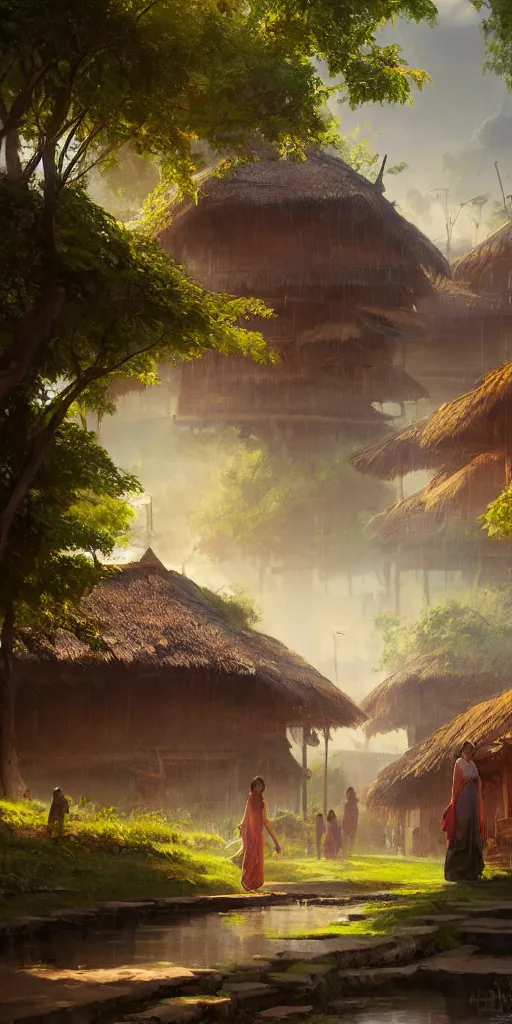 Prompt: kerala village, sharp focus, wide shot, trending on ArtStation, masterpiece, by Greg Rutkowski, by Ross Tran, by Fenghua Zhong, octane, soft render, oil on canvas, colorful, cinematic, environmental concept art