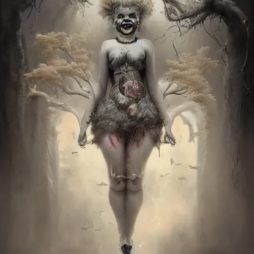 Prompt: By Tom Bagshaw, ultra realist soft painting of a curiosities carnival by night, Female Clown big smile long tongue dirty teeth and dressed, horror, omnious sky, symmetry accurate features, very intricate details, black and white, volumetric light clouds