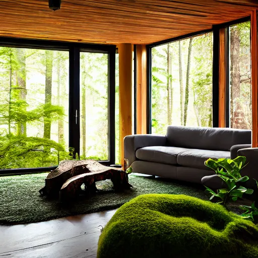 Image similar to living room interior with temperate rainforest aesthetic, live redwood furniture and objects, moss floor, volumetric atmospheric interior fog, fallen log furniture.