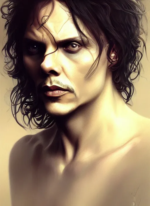 Image similar to ville valo, male, portrait, intricate, highly detailed, digital painting, artstation, concept art, wallpaper, smooth, sharp focus, illustration, art by artgerm and greg rutkowski and alphonse mucha