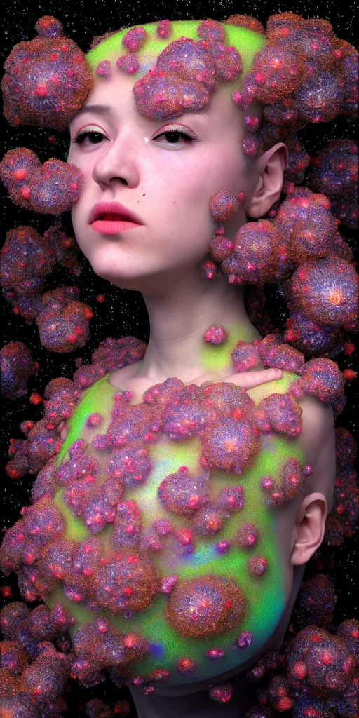 Image similar to hyper detailed 3d render like a Oil painting - kawaii Aurora (Singer) Eats of the juicy Strangling Fruit and Her gossamer polyp blossoms bring iridescent fungal flowers whose spores black the foolish stars by Jacek Yerka, Mariusz Lewandowski, Houdini algorithmic generative render, Abstract brush strokes, Masterpiece, Edward Hopper and James Gilleard, Zdzislaw Beksinski, Mark Ryden, Wolfgang Lettl, hints of Yayoi Kasuma, octane render, 8k