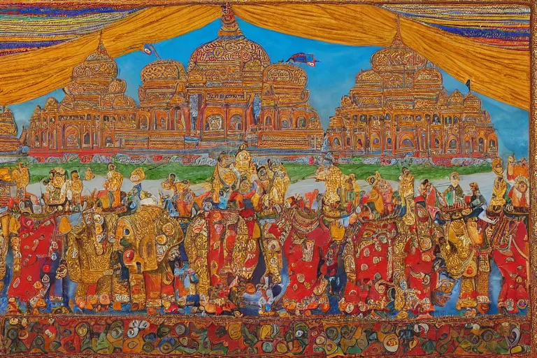 Prompt: photo of many elephants, decorated with colorful paintings, majestically stride past in front of the great palace of the maharacha. the princess's wedding is celebrated. she is wrapped in richly decorated luxurious fabrics that shine in golden and mistic colors