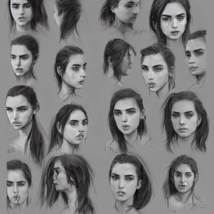 Image similar to ana de armas, face study sheet, concept design, contrast, kim jung gi, greg rutkowski, zabrocki, karlkka, jayison devadas, trending on artstation, 8 k, pincushion lens effect