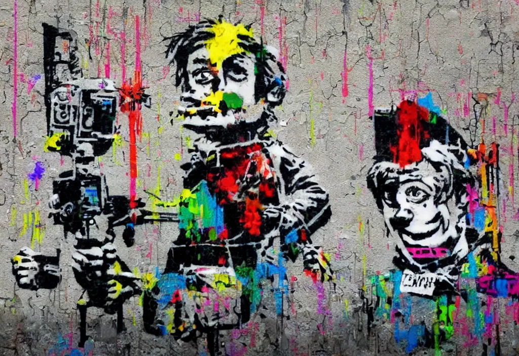 Image similar to full color banksy graffiti anti art, rage against the status quo, detailed, realistic, glitch art effect