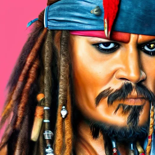 Image similar to jack sparrow with a parrot on the shoulder, realistic portrait, 8k resolution, hyper detailed, studio lighting, cinematic