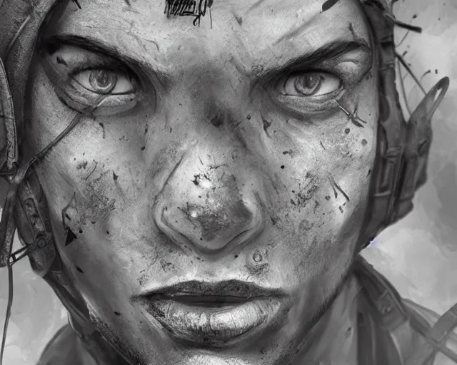 Image similar to A soldier in despair in a world war 1 trench, close-up, realistic face, beautiful face detail, black and white, amazing digital art, hyper detailed, artstation, in the style of Tony Sart
