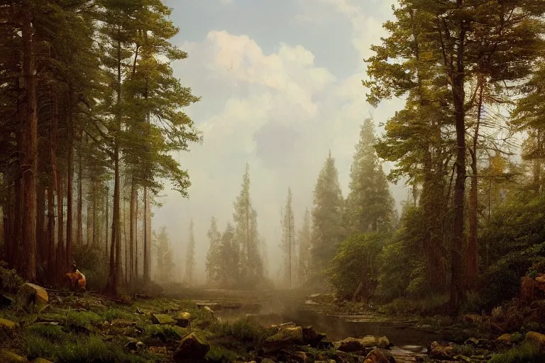 Image similar to A beautiful painting of russian village in dark forest by ivan shishkin and arkhip kuindji, trending on artstation,matte painting