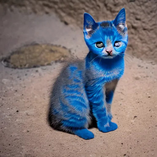 Prompt: a blue kitten sitting on a toilet in the desert