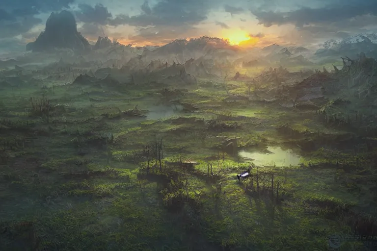 Image similar to aerial view, cinematic fantasy painting, dungeons and dragons, a faerie village, swamp wetland marsh estuary, with sunset lighting ominous shadows by jessica rossier and brian froud cinematic painting