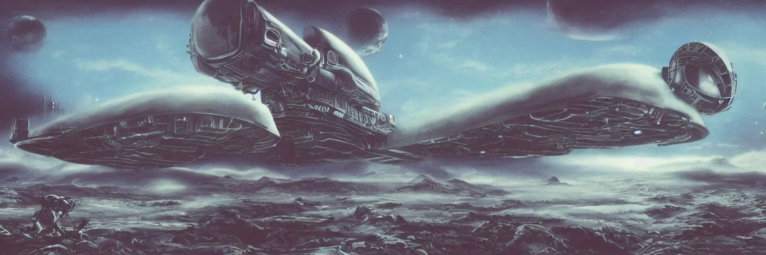 Image similar to By Jim bush and ed repka, air brush illustration, matte painting of a vintage alien ship landing on an alien planet, epic scope, retro futuristic, 80s, science fantasy, symmetry accurate features, very intricate details, artstation