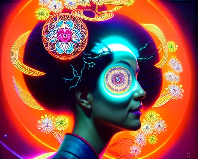 Image similar to a headshot of a geisha offset in the frame, surrounded by fractals, mandalas, cherry blossoms, hadron collider technology, metal gears, swirling bioluminescent energy, art by peter mohrbacher and dan mumford, 8 k octane render, hyperrealistic, zbrush, cinema 4 d