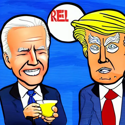 Image similar to cartoon drawing of Biden and Trump together drinking a lemon drink with Rio de Janeiro mountains on the background