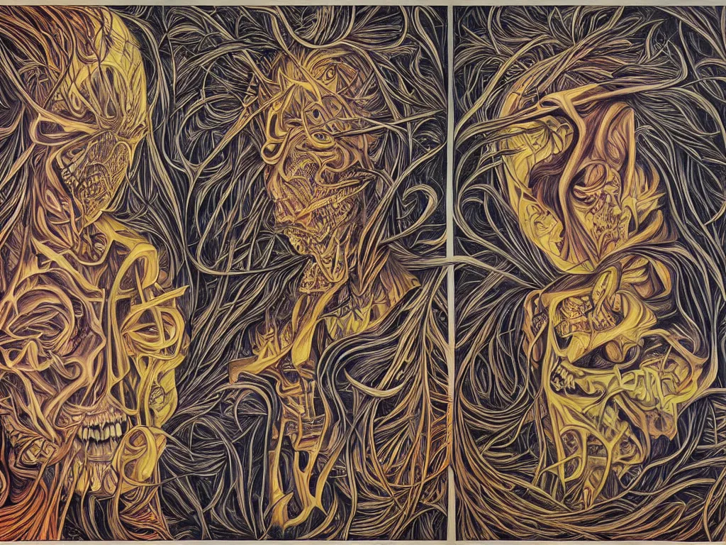 Prompt: transformation through death by Alex Grey and M. C. Escher collaboration