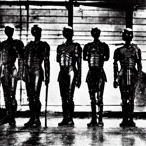 Image similar to grainy 1910s photo of a cybernetic warrior army standing unused inside a warehouse