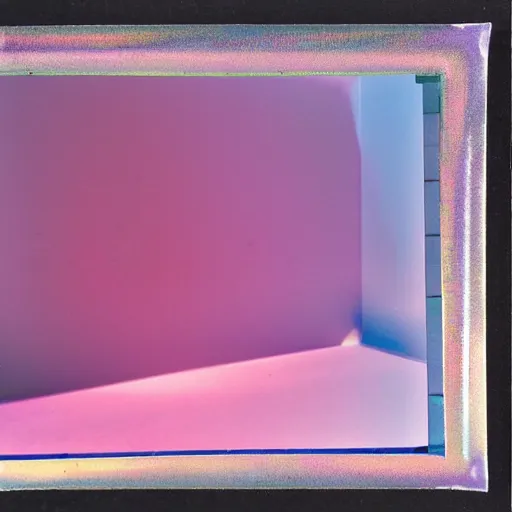 Prompt: a pastel coloured Polaroid photo of a maximalist sunbed made of transparent iridescent perspex stood in a field, beams of light, nostalgic