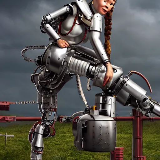 Prompt: A realistic picture of pippi longstocking in the 70’s as a cyborg robot sitting on a metal robot horse, hyper real, highly detailed