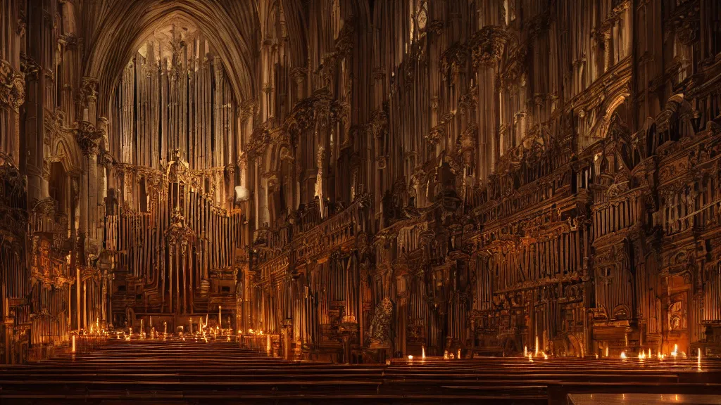 Prompt: a complex ancient pipe organ cathedral interior, 4 k, stone pews, skulls, giant alembic, candle lighting, octane render, natural color scheme, architectural photography, f 3 2, still from movie by guillermo del toro