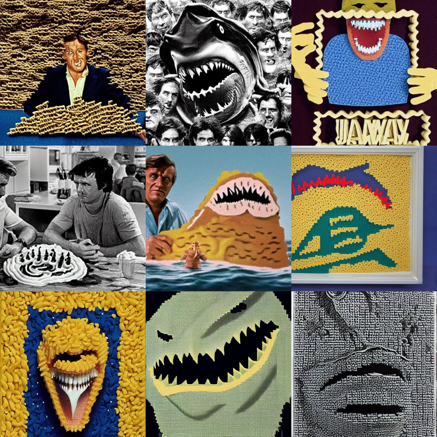 Prompt: Jaws film promotional still, made out of macaroni art