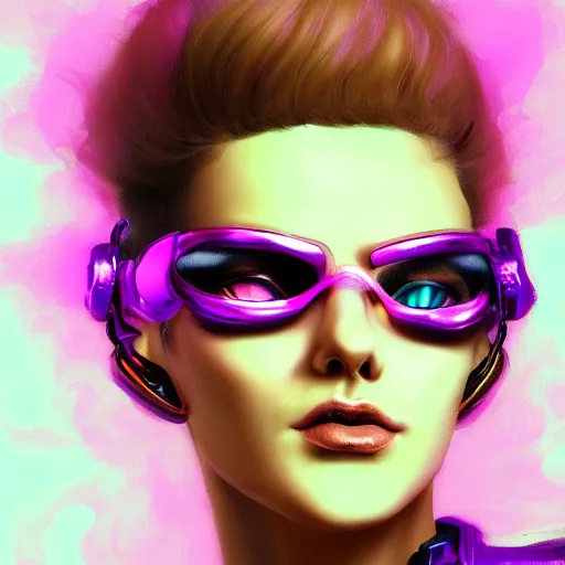 Prompt: stunning vintage cyberpunk Renaissance glamor woman wearing cyber-glasses portrait, colorized with pink, purple, and gold, artstation, contest winner, cyberpunk, digital painting