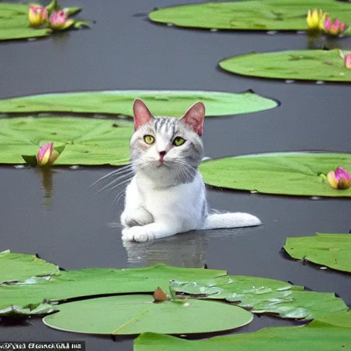 Prompt: a white and grey tabby cat stretching on a lilypad floating on a lake, in the style of water lilies painting by monet