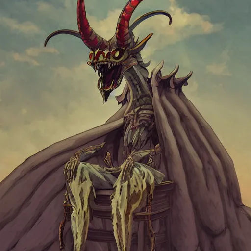 Prompt: concept art painting of a dragonlike anthropomorphic humanoid creature with a long dragon neck and horned skull mask, sitting on a throne, anime style, detailed, cel shaded, in the style of makoto shinkai and greg rutkowski and studio ghibli and moebius