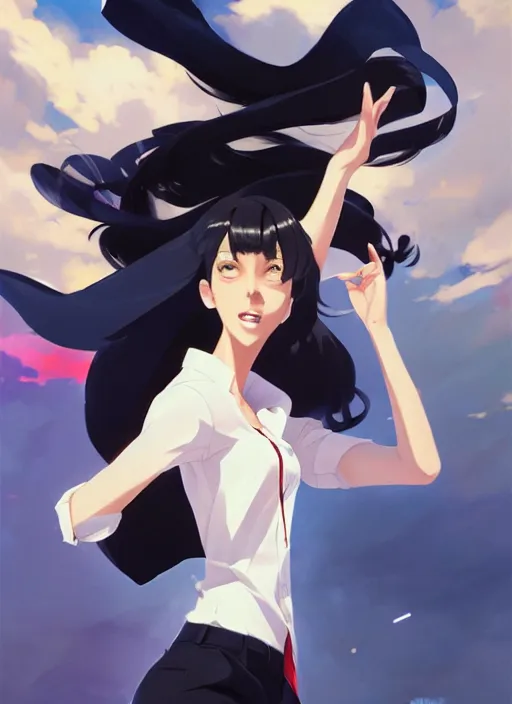 Image similar to a ultradetailed beautiful panting of a stylish woman wearing a shirt with a tie, she has black hair, dancing, background explosion, by makoto shinkai, jesper ejsing, rhads, makoto shinkai, trending on artstation