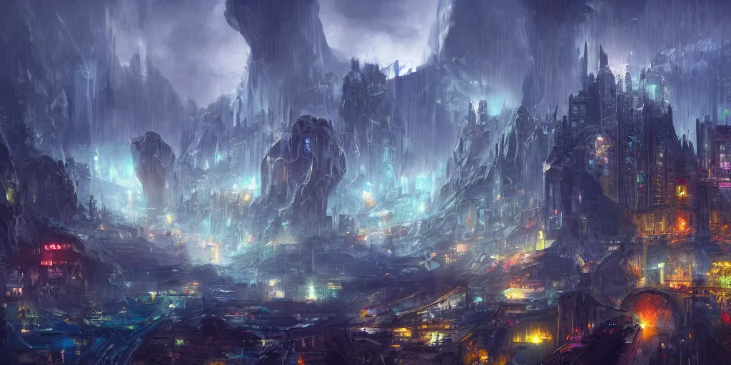 Prompt: a bright fantasy city built within a vast cave, sleek glass buildings, elegant bridges between towers, illustration, raining, dark and moody lighting, digital art, oil painting, cold blue tones, fantasy, 8 k, trending on artstation, detailed