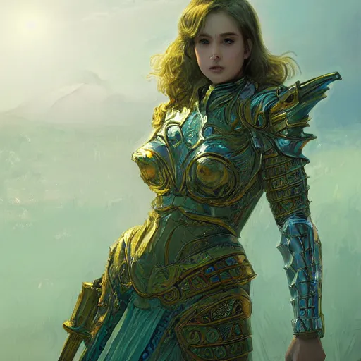 Image similar to portrait knights of Zodiac girl, metalic green and white reflected armor, in ruined Agora of Athens sunrise, ssci-fi, fantasy, intricate, very very beautiful, elegant, golden light, highly detailed, digital painting, artstation, concept art, smooth, sharp focus, illustration, art by tian zi and WLOP and alphonse mucha