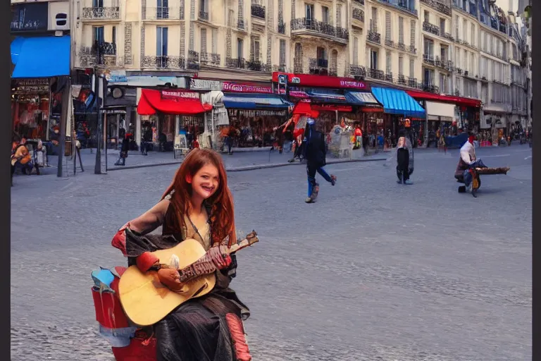 Prompt: a busking girl in the streets of paris with a pirate smile, hyperrealism, 8k, fantasy, digital art, artstation