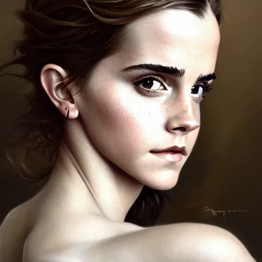 Image similar to beautiful portrait of emma watson, natural beauty expressive pose, fantasy, intricate, elegant, highly detailed, digital painting, artstation, concept art, smooth, sharp focus, illustration, art by artgerm and greg rutkowski and alphonse mucha