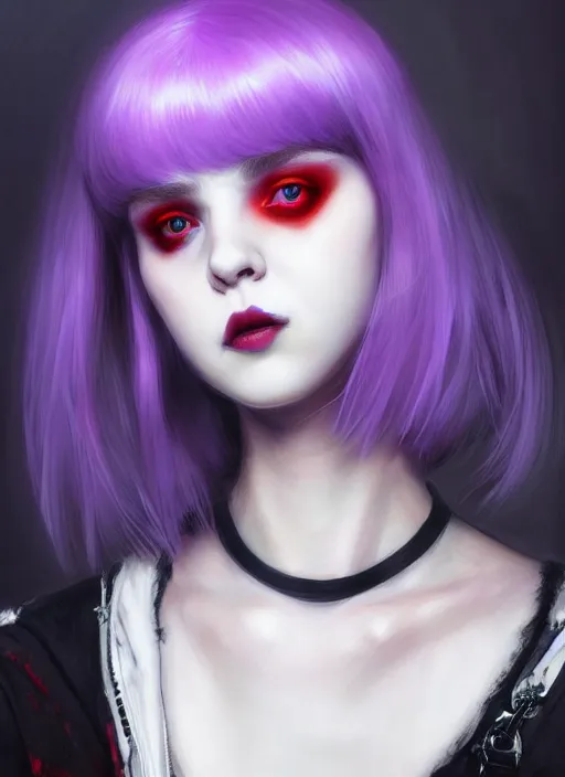 Image similar to portrait of white teenage girl, normal face, white bangs, mall goth, cyberlox, black and white hair, bangs, fluffy bangs, red contact lenses, purple lipstick, intricate, elegant, highly detailed, digital painting, artstation, concept art, sharp focus, smooth, illustration, art by wlop, mars ravelo and greg rutkowski