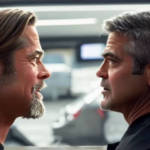 Prompt: a still of Brad Pitt and George Clooney facing each other. two feet apart. Brad on left George on right. Neutral expression. Close up shot, detailed. Professional photography.