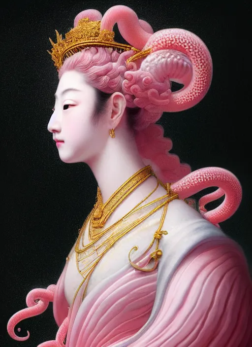 Image similar to stunning japanese godess princess, detailed pink and white of tentacles head peace against a black backdrop by ivan aivazovsky, 3 / 4 view portrait, wlop, super sharp details, photorealism, canon 5 d, 5 0 mm lens, stunning photoshot, beautiful soft lighting, muted colours, artstation