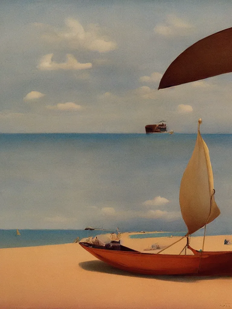Prompt: a little traditional boat at bassin d'arcachon lac, a sand dune in the background with the sky above, australian tonalism, pale gradients design, matte drawing, clean and simple design, outrun color palette. a vintage neo retro poster painted by Morandi, Agnes Pelton