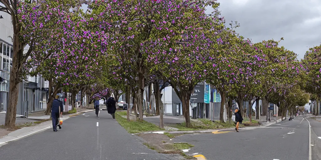 Prompt: a street in a new zealand city where the roads have been replaced by wetlands filled with flowering new zealand flax. tui birds drink nectar. google street view. very windy day. people walking on the footpath