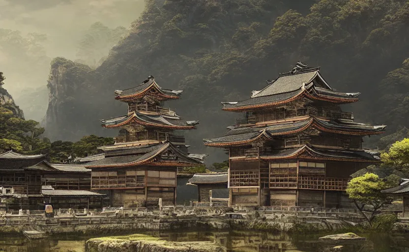 Image similar to highly detailed painting of old, ruined, japanese palace from sengoku period, surrounded by dense rock formations, high in mountains, cinematic lighting, photobash, unreal engine render, nanite