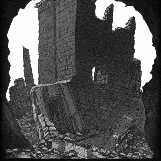 Prompt: A sun rising over a collapsed stone tower, with a looming shadow. Dark Fantasy, Film Noir, Black and White. High Contrast, Mike Mignola, D&D, OSR