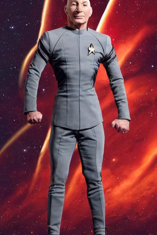 Image similar to full body digital portrait of bodybuilder captain jean - luc picard, starfleet uniform, star trek the next generation, smooth, elegant, sharp focus, highly detailed