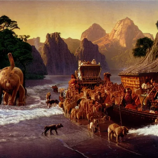 Prompt: an extremely detailed matte painting of the animals leaving noah's ark, 4 k, noah's ark, antediluvian, by bob ross and norman rockwell