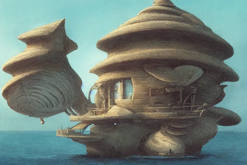 Image similar to giant seashell shaped house where a fisherman, in the style of john harris and moebius