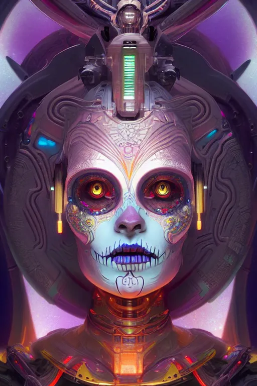 Image similar to ultra detailed female android deity, scifi, fantasy, octane render, dia de los muertos, asymmetrical intricate concept art, triadic color, art by artgerm and greg rutkowski and alphonse mucha, 8 k