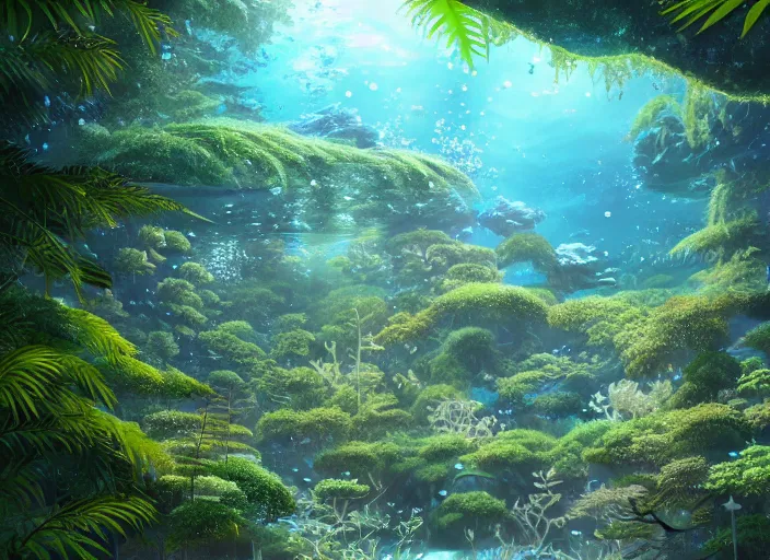 Image similar to overgrown foliage overtaking tall japanese architecture, underwater environment, borealis, scenery, professional, award - winning, trending on artstation, hyper detailed, realistic, beautiful, emotional, shiny, golden, picture