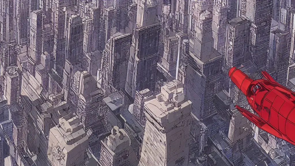 Prompt: a cell shaded cartoon movie still from akira ( 1 9 8 8 ) showing a spaceship from independence day ( 1 9 9 6 ) in the air above a city. very dull muted colors, hd, 4 k, hq