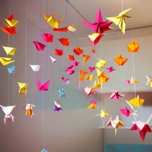 Image similar to small japanese origami colourful humans hanging from the ceiling above a baby's cot. beautiful warm lighting coming from a nearby window