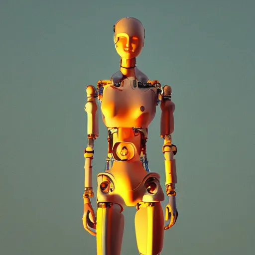 Image similar to beautiful Fine art photography of a solarpunk part robot part human girl with real human face and torso, white background, highly detailed, medium shot, photorealism, sunset lighting 8k